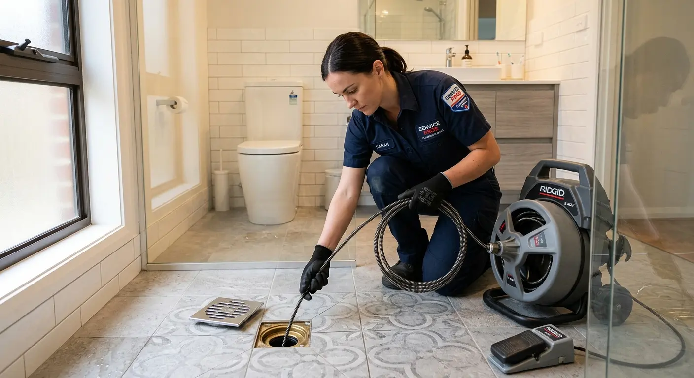 Technician clearing a bathroom floor drain for Drain Cleaning in Alexandria